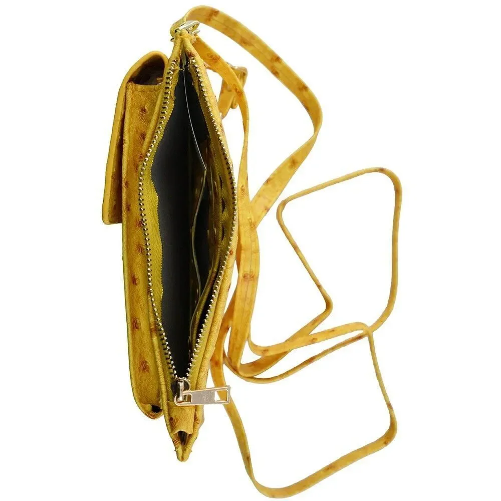 Mustard Ostrich Cell Phone Holder Purse Handbag with Detachable Shoulder Strap